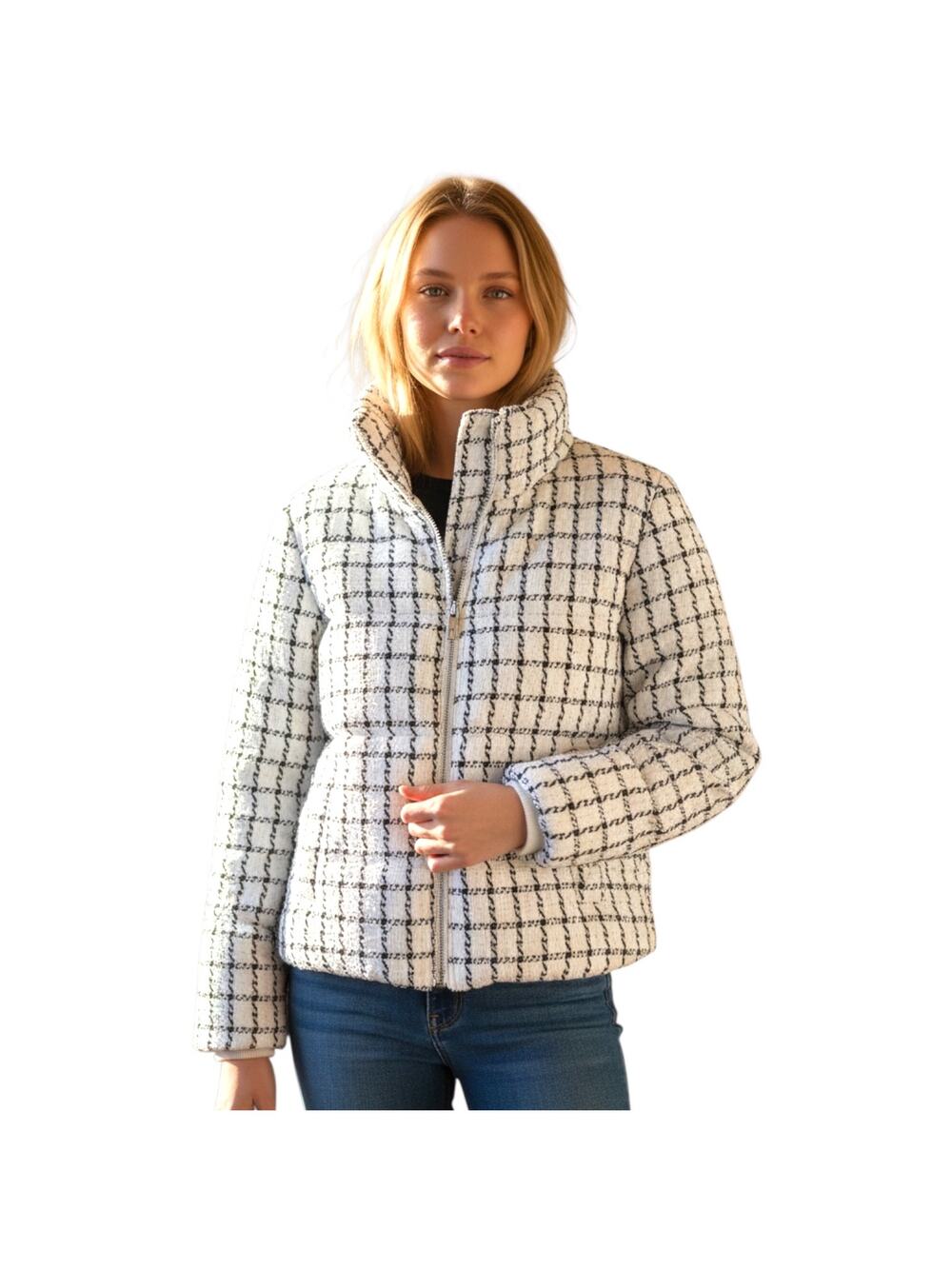Jason Wu NWT Ivory Black Tweed Plaid Cropped Zip Puffer Coat-Medium